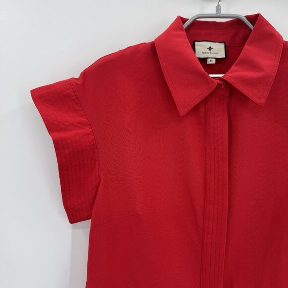 Tuckernuck Red Chloe Midi Dress sz M A-Line Collared Button Down **NO BELT** - Picture 3 of 9